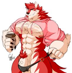 anthro balls beverage bulge canine clothing daikitei flaccid humanoid_penis male male_only mammal muscular muscular_male pecs penis pubes smile solo standing underwear vein