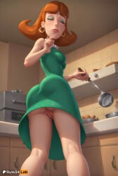 1girls ai_generated artist_name ass blunt_bangs breasts brown_hair closed_eyes cooking dress earrings eyeshadow female_human food from_behind from_below green_dress hi_res hoop_earrings indoors jewelry jimmy_neutron_boy_genius judy_neutron kitchen kneepits ladle lips makeup medium_breasts mole mole_under_mouth nickelodeon no_panties orange_hair patreon_username polka_dot polka_dot_dress pussy rule34lab sleeveless sleeveless_dress solo uncensored