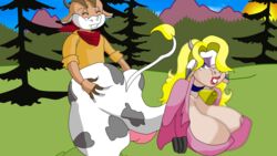 1boy anthro ass ass_grab bangs blonde_hair bovine cleavage cow cow_girl eyeshadow huge_breasts long_hair lowres male raised_tail red_lipstick sherlock12 small_waist thick_thighs thighs