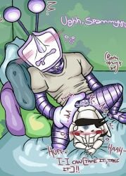 big_penis big_top_small_bottom blush cant_fit deltarune deltarune_chapter_2 deltarune_chapter_3 drunk drunk_sex gay gay_sex gloved_hands half-dressed letttusse male/male object_head puppet puppet_body robot_humanoid shaking size_difference spamtenna spamton_g_spamton tenna_(deltarune) text tv_head