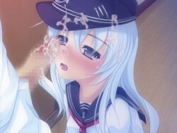 admiral_(kantai_collection) blue_eyes blush bukkake censored cum cum_on_body cum_on_upper_body female hat hibiki_(kantai_collection) kantai_collection long_hair neckerchief onsen_tamago_(nurumayu_onsen) open_mouth penis school_uniform serafuku silver_hair solo_focus