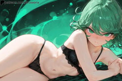 1girls ai_generated blush bra female female_focus female_only green_eyes green_hair krowenx looking_at_viewer lying_on_side on_side one-punch_man panties solo solo_female solo_focus tatsumaki thighs underwear underwear_only wide_hips