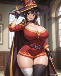 1girl 2d ai_generated anime_style black_gloves brown_hair building cleavage detailed_eyes detailed_face grippyai hand_on_hat high_quality huge_breasts indoors konosuba looking_at_viewer megumin open_mouth red_dress red_eyes shiny_skin short_hair smile solo standing witch_hat