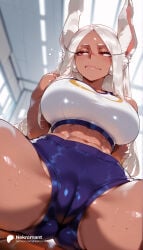 1girl 1girls abs absurd_res absurdres ai_generated animal_ears ass ass_visible_through_thighs bare_shoulders big_ass big_breasts blue_shorts blurry blurry_background blush boku_no_hero_academia breasts buruma cameltoe closed_mouth crop_top crotch dark-skinned_female dark_skin female female_focus hi_res high_quality high_resolution highres indoors large_ass large_breasts long_eyelashes long_hair looking_to_the_side midriff mirko miruko muscular muscular_female my_hero_academia navel nekromant parted_bangs rabbit_ears rabbit_girl red_eyes rumi_usagiyama shiny_skin short_shorts shorts sitting solo solo_focus sports_bra spread_legs stomach straight sweat thick_thighs thighs toned wavy_mouth white_hair white_sports_bra wide_hips window