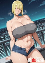 1girls ai_generated blonde_hair blue_eyes breasts hanajisensei huge_breasts jean_shorts mature mature_female mature_woman midriff milf muscular muscular_female naruto naruto_(series) naruto_shippuden navel outdoors pubic_hair samui samui_(naruto) short_hair thicc thick thick_thighs tubetop wide_hips