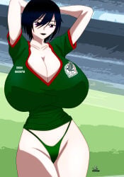 akinama_family_(noir-black-shooter) big_breasts dark_blue_hair huge_breasts mexico naoki_akinama_(noir-black-shooter) noir-black-shooter oc original original_character purple_eyes short_hair soccer_uniform