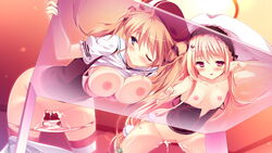 2girls blonde_hair blue_eyes blush breasts brown_hair carrot_lu_angora censored game_cg kanojo_ga_ore_ni_kureta_mono._ore_ga_kanojo_ni_ageru_mono. kojima_alice long_hair mosaic_censoring multiple_girls nipples onomatope open_mouth purple_eyes shiratama striped striped_legwear thighhighs tied_hair twintails