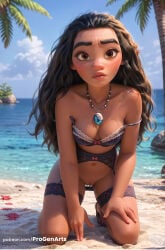 1girls ai_generated artist_name beach black_hair blue_sky blush bottomless bow bra breasts brown_eyes cleavage cloud dark-skinned_female dark_skin day disney disney_princess female_human full_body garter_belt hi_res jewelry kneeling lingerie lips long_hair looking_at_viewer medium_breasts moana moana_2 moana_waialiki navel necklace ocean outdoors palm_tree parted_lips patreon_username progenarts pussy sand shell sky solo strap_slip thick_eyebrows tree uncensored underwear water web_address