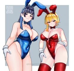 2girls bitch blonde_hair blue_hair bunny_ears bunnysuit gloves hololive hololive_english hololive_english_-council- hololive_english_-promise- hololive_indonesia hololive_indonesia_holoh3ro huge_breasts kaela_kovalskia large_breasts mdnk28 ouro_kronii sluts slutty_female