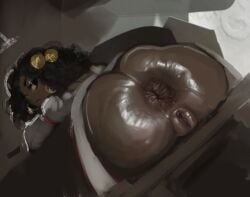 anus ass_cheeks ass_focus asshole dark-skinned_female dddoodles female_focus female_only looking_back puckered_anus puffy_anus shiny_skin sitting vagina