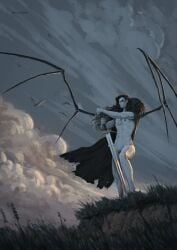 1girls abs armed black_hair exposed_breasts exposed_pussy female female_only fit fit_female messyhideout pale-skinned_female pale_skin solo solo_female solo_focus sword wings