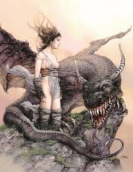 1girls 2014 arantza_sestayo breasts brown_hair dragon fantasy female nipples nipples_visible_through_clothing standing traditional_media_(artwork) translucent_clothing