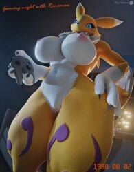 2026 3d_(artwork) anthro areola artist_logo artist_name athletic athletic_anthro athletic_female bandai_namco big_breasts black_sclera blue_eyes breasts claws controller countershade_breasts countershade_torso countershading digimon digimon_(species) digital_media_(artwork) english_text facial_markings female female_anthro finger_claws fur furniture game_controller genitals gloves_(marking) hand_on_hip hand_on_own_hip head_markings hi_res holding_controller holding_object huge_breasts inside leg_markings logo looking_at_viewer looking_down looking_down_at_viewer low-angle_view markings n64_controller navel neck_tuft nintendo nintendo_64 nintendo_controller nipples nude nude_anthro nude_female pink_areola pink_nipples purple_markings renamon sofa solo tail text thick_thighs tinytoaster tuft vulva warfare_renamon white_body white_countershading white_fur wide_hips year yellow_body yellow_fur