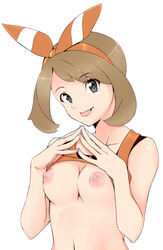 1girls :p bandana blue_eyes breasts brown_hair egooo female female_only human human_only looking_at_viewer may_(pokemon) may_(pokemon_oras) nintendo nipples pokemon pokemon_oras presenting shirt_lift short_hair solo tongue