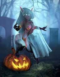 1futa areolae arm_gloves big_breasts big_penis blue_eyes blue_hair boots breasts cock_ring cosplay costume cross dark-skinned_futanari dickgirl dwina_nea_moonfall elf erect_nipples erection futa_only futanari ghost gloves gown grave graveyard hair hallow's_end halloween intersex jack-o'-lantern looking_at_viewer magolobo night_elf nipple_piercing nipples nude penis piercing pointy_ears pumpkin purple_skin smile smiling solo standing thighhighs world_of_warcraft