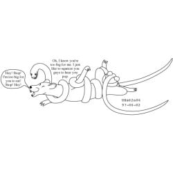 1997 1:1 ball_crush ball_squeeze balls black_and_white bound dated dialogue duo english_text explicitly_stated_nonconsent feral forced fur genitals imminent_ball_popping male male/male mammal monochrome murid murine nude open_mouth rat reptile rodent scalie snake spread_legs spreading tail text urbanhermit yelling