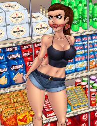 1girls big_breasts bondage breasts brown_hair cleavage dark-skinned_female dark_skin elderrunic female femsub gag gagged grand_theft_auto grand_theft_auto_vi handcuffs latina lucia_caminos solo