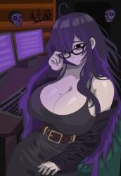 1girls absurd_res alexjoi bangs_over_eyes bare_shoulders belt black_dress black_framed_eyewear black_hair breasts breasts_bigger_than_head cleavage clothed computer computer_monitor covered_nipples curvy curvy_body curvy_female curvy_figure dress female goddess_of_victory:_nikke hair hair_over_one_eye hi_res huge_breasts label_(nikke) messy_hair mole mole_on_breast open_mouth purple_eyes purple_hair smile solo sweat thick_thighs thighhighs thighs very_long_hair
