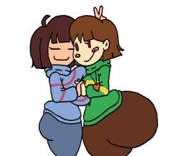 2females 2girls allstarman ass ass_built_separately big_ass big_breasts bottom_heavy breasts chara female_chara female_focus female_frisk frisk safe smile top_heavy transparent_background undertale