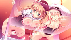 2girls blonde_hair blue_eyes blush breasts brown_hair carrot_lu_angora censored game_cg kanojo_ga_ore_ni_kureta_mono._ore_ga_kanojo_ni_ageru_mono. kojima_alice long_hair mosaic_censoring multiple_girls nipples onomatope shiratama striped striped_legwear thighhighs tied_hair twintails