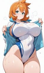 1girl ai_generated aqua_eyes bangs blue_one-piece_swimsuit blue_swimsuit blush breasts busty closed_mouth clothing competition_swimsuit covered_navel curvaceous female female_only green_eyes groin hair_between_eyes highleg highleg_swimsuit impossible_clothes impossible_swimsuit jacket kasumi_(pokemon) large_breasts long_sleeves looking_at_viewer misty_(pokemon) misty_(pokemon_hgss) multicolored multicolored_clothes multicolored_jacket multicolored_swimsuit navel one-piece_swimsuit open_clothes open_jacket orange_hair pokemon pokemon_gsc pokemon_hgss short_hair sideboob solo sportswear standing swimsuit tank_suit taut_clothes thick_thighs thighs track_jacket two-tone_jacket two-tone_swimsuit uge_breasts wet wet_clothes wet_swimsuit white_jacket white_one-piece_swimsuit white_swimsuit wide_hips
