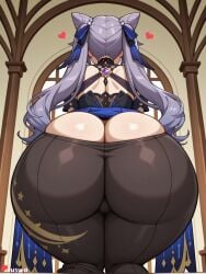 1girl ai_generated ass ass_focus bare_shoulders bent_over boobs butt_crack cameltoe cone_hair_bun double_bun dress from_behind hair_bun hair_ribbon heart huge_ass huge_breasts juswa keqing_(genshin_impact) keqing_(opulent_splendor)_(genshin_impact) large_ass large_breasts long_hair purple_hair questionable ribbon skindentation solo thicc thick_thighs thighs tight_clothes twintails vision_(genshin_impact)