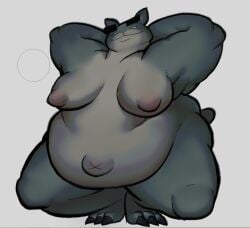3_toes anthro belly big_belly big_breasts big_navel breasts claws crouching digitigrade domestic_cat eyebrows feet felid feline felis female full-length_portrait guillotina_(mewgenics) hand_behind_head huge_thighs kneeling kneeling_on_ground mammal mewgenics navel nipples noseless obese obese_anthro obese_female overweight overweight_anthro overweight_female pink_nipples portrait presenting simple_background solo tail thick_eyebrows thick_thighs toe_claws toes white_background x_navel youtubepoopbirthday