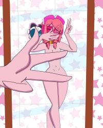 1girl 1girls 2022 bathroom choker convenient_censoring convenient_censorship headphones heart-shaped_pupils highres meme meme_reference mirror miss_heed_(villainous) one_finger_selfie_challenge one_finger_selfie_challenge_(meme) pink_body pink_eyes pink_hair pink_skin robot simple_background slim_waist thin_waist twintails villainous