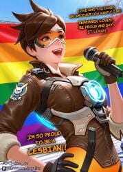 ai_generated bomber_jacket brown_hair cheating cuckold cuckquean leather lesbian_conversion lesbian_gets_dicked lesbian_with_male lgbt_pride lgbt_pride_colors lgbt_pride_month netorare ntr orientation_play overwatch podium popalina pride_colors rainbow_pride_colors stage text tracer