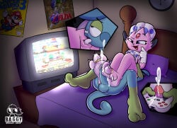 2_toes 3_toes absurd_res ambiguous_gender anal anthro baggy_(artist) balls barefoot bed bedroom blue_body blue_skin bodily_fluids claws clock controller countershade_feet countershading cum cum_on_feet detailed_background digit_ring digital_media_(artwork) drake_(drake_drizzile) drizzile duo ejaculation electronics fan_character feathers feet foot_fetish foot_focus foot_play footjob fur furniture gaming generation_4_pokemon generation_8_pokemon genital_fluids genitals green_markings hi_res inside jewelry kerolink male male/male mario_bros markings nintendo nude oral paws penile penis pink_body pink_fur pink_soles plantigrade playing_video_game pokemon pokemon_(species) pokemorph purple_eyes rimming ring scalie sex sitting sitting_on_another soles super_smash_bros. tail television the_legend_of_zelda toe_claws toe_ring toes tongue two_tone_feet two_tone_paws weavile wrinkled_feet wrinkles