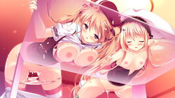 2girls blonde_hair blush breasts brown_hair carrot_lu_angora censored closed_eyes game_cg kanojo_ga_ore_ni_kureta_mono._ore_ga_kanojo_ni_ageru_mono. kojima_alice long_hair mosaic_censoring multiple_girls nipples onomatope open_mouth purple_eyes shiratama striped striped_legwear thighhighs tied_hair twintails