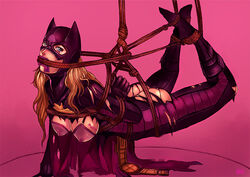 angry ass batgirl batgirl_(stephanie_brown) batman_(series) bondage bra breasts cape dc dc_comics dubious_consent erect_nipples female gag gagged hanging_breasts hogtie kachima mask medium_breasts nipples pokies solo stephanie_brown suspended suspended_in_midair suspension tagme tear torn_clothes