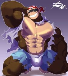 1boy 2024 2d 2d_(artwork) abs after_transformation anthro ape bandana barefoot biceps big_arms big_muscles big_pecs big_thighs bottomwear brown_fur bulge clothed clothing digital_media_(artwork) donkey_kong_(series) eyewear feet funky_kong fur glasses gorilla grin hand_behind_head haplorhine kerchief looking_at_viewer male male_only mammal muscle_growth muscles muscular muscular_anthro muscular_arms muscular_legs muscular_male muscular_thighs nipples open_bottomwear open_clothing open_pants open_shorts pants pecs primate reclamon shirt shorts simple_background smile solo tan_fur tan_nipples teeth torn_clothing transformation underwear white_underwear