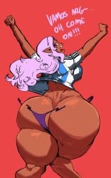 1girls 2026 accidental_circumstance accidental_exposure argentina argentina_jersey ass ass_focus big_ass big_breasts bubble_butt butt_crack child_bearing_hips dark-skinned_female dark_skin dat_ass dialogue dumptruck_ass elf elf-san_wa_yaserarenai elf_ears elf_female elf_girl fat_ass female female_only huge_ass huge_breasts kuroeda libi_dos looking_at_viewer looking_back looking_pleasured partially_clothed pink_eyes pointy_ears purple_hair ripped_clothing text thick_thighs thong thunder_thighs torn_clothes torn_clothing wardrobe_malfunction