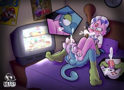 2_toes 3_toes absurd_res ambiguous_gender anal anthro baggy_(artist) balls barefoot bed bedroom blue_body blue_skin bodily_fluids claws clock controller countershade_feet countershading cum cum_on_feet detailed_background digit_ring digital_media_(artwork) drake_(drake_drizzile) drizzile duo ejaculation electronics fan_character feathers feet foot_fetish foot_focus foot_play footjob fur furniture gaming generation_4_pokemon generation_8_pokemon genital_fluids genitals green_markings hi_res inside jewelry kerolink long_tongue male male/male mario_bros markings nintendo nude oral paws penetration penile penis pink_body pink_fur pink_soles plantigrade playing_video_game pokemon pokemon_(species) pokemorph purple_eyes rimming ring scalie sex sitting sitting_on_another soles super_smash_bros. tail television the_legend_of_zelda toe_claws toe_ring toes tongue tongue_penetration two_tone_feet two_tone_paws weavile wrinkled_feet wrinkles
