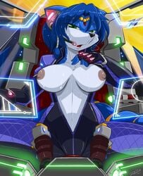 anthro bodysuit breasts canine clothing female female_only fox furry krystal nintendo nipples open_clothes open_shirt ronzo shirt solo spacecraft spread_legs star_fox sweat