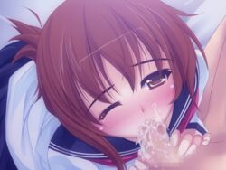 admiral_(kantai_collection) blush brown_eyes brown_hair censored cum cum_in_mouth cum_on_body cum_on_upper_body fellatio female inazuma_(kantai_collection) kantai_collection long_hair neckerchief one_eye_closed onsen_tamago_(nurumayu_onsen) oral penis school_uniform serafuku skirt solo_focus tears