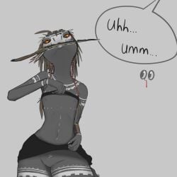 1:1 anthro argonian armor beaded_jewelry beads belly bite blood blue_blush blue_nipples blue_vulva blush bodily_fluids body_blush bodypaint bottomwear bra_strap_showing_(meme) bracers breasts clitoral_hood clitoris clothed clothing clothing_lift dagger dark_body exhibitionism eyes_emoji face_paint feather_hair feathers female flat_chested genitals head_tilt head_tilted_back hi_res jewelry looking_at_viewer melee_weapon meme microsoft nipples nosebleed object_in_mouth orange_eyes presenting presenting_breasts presenting_vulva pseudo_hair pupils raised_bottomwear raised_clothing raised_skirt raised_topwear scalie situth_(varlastreak) skirt skirt_lift slit_pupils solo speech_bubble standing teeth_showing the_elder_scrolls thick_thighs topwear tube_top varlastreak vulva vulva_blush weapon weapon_in_mouth womb_tattoo
