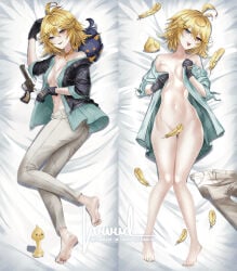 1girls barefoot blonde_hair dog dokibird dokibird_(bounty_hunter) dragoon_(dokibird) gloves indie_virtual_youtuber looking_at_viewer luwudco revolver scarf shirt_only shirt_open tongue_out vtuber
