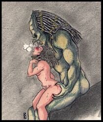 1boy 1girls alien alien_vs_predator belly_bulge blood blush female implied_penetration interspecies krisstenredfox larger_male machiko_noguchi male penetration predator_(franchise) rough scratches scratching sex size_difference smaller_female traditional_media_(artwork) xenophilia yautja