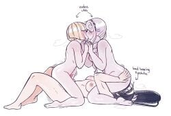 3girls black_hair blonde_hair blush blushing bowl_cut breasts cunnilingus english_text female female_masturbation female_only fff_threesome hair hair_ornament kirifuji_nozomi kissing large_breasts lesbian magadori_kyoushika masturbation medium_breasts nipples novemblem oosuzuki_kurara oosuzuki_kurara_(unmasked) ponytail tears the_hundred_line_-last_defense_academy- white_hair yuri