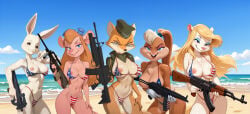 5girls ai_assisted ai_generated ak47 american_flag_bikini animaniacs beach beastars bikini bikini_aside bunny cameltoe chip_'n_dale_rescue_rangers crossover female fox furry furry_female furry_only gadget_hackwrench glasses gun half_closed_eyes haru_(beastars) large_breasts lola_bunny long_hair lt._fox_vixen m4 medium_breasts military_uniform minerva_mink mink mouse mp5 multiple_females multiple_girls nipples p90 rifle space_jam squirrel_and_hedgehog steyr_aug submachine_gun warner_brothers