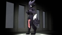 16:9 3d_(artwork) 4k absurd_res aceydrgn animal_genitalia animal_penis anthro big_penis black_body black_fur canine_genitalia canine_penis casualties:_unknown cheek_tuft claws digital_media_(artwork) digitigrade expie_(gunsawian) facial_tuft fluffy fluffy_tail fur genitals gunsawian hi_res huge_penis knot male penis solo tail tuft widescreen