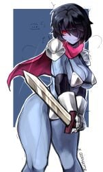 bikini bikini_armor deltarune embarrassed embarrassed_female kris_(deltarune) kris_female_(deltarune) qdphatie red_eyes sword