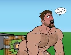 1boy anal anal_insertion belly_bulge chest_hair enduriance erect_nipples fully_naked_male fully_nude fully_nude_male gay hairy_chest hairy_legs kneeling male male_only minecraft naked naked_male no_visible_genitalia nude nude_male solo solo_male speech speech_bubble steve_(minecraft) tagme tear tearing_up