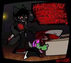 2026 ambiguous_gender anthro armwear band_shirt black_body black_bottomwear black_clothing black_footwear black_fur black_pants black_shirt black_shoes black_topwear blood blood_from_eye blood_in_hair blood_on_clothing blood_on_eye blood_on_face blood_on_ground blood_on_knife blood_on_pants blood_on_shirt blood_on_shoe bodily_fluids bottomwear broken_jaw bruised bruised_face canid canine canis clothing combat_knife concrete converse curb_stomping denim denim_bottomwear denim_clothing dialogue dipstick_tail duo dying ear_piercing english_text evergreen_tree evil_grin fence fishnet_armwear fishnet_clothing fog foggy_background footwear fur gash gore inner_ear_fluff jeans killing knife lagomorph lennox_(xxv4mp_g4z3rxx) leporid magenta_shirt male mammal markings misogyny mocking night nosebleed pants piercing pine_tree plant polygonal_speech_bubble rabbit red_clothing red_eyes red_footwear red_shoes sexism sharp_teeth shirt shoes signature smile speech_bubble stab street_lamp subcutaneous_fat tail tail_markings teeth text tooth_removal topwear torn_bottomwear torn_clothing torn_jeans torn_pants tree tuft verbal_abuse violet_redfern wolf xxv4mp_g4z3rxx