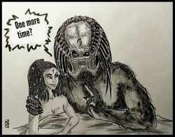 1boy 1girls after_sex alien alien_vs_predator big_breasts breasts cleavage female interspecies krisstenredfox larger_male machiko_noguchi male predator_(franchise) size_difference smaller_female traditional_media_(artwork) xenophilia yautja