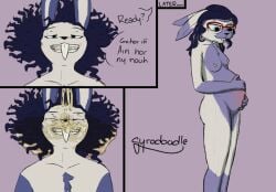 alyx_frost anthro belly big_belly bodily_fluids brother_(lore) brother_and_sister_(lore) buckteeth comic dialogue dipstick_ears duo ear_markings english_text eyewear female fur genital_fluids glasses gyrodoodle hair hi_res holding_belly inbreeding incest_(lore) lagomorph leporid mabel_frost male male/female mammal markings mouth_hold multicolored_ears nipple_piercing nipples nude object_in_mouth open_mouth pee_on_face peeing peeing_on_another piercing pregnancy_test pregnant pregnant_anthro pregnant_female rabbit sibling_(lore) simple_background sister_(lore) speech_bubble teeth text urine urine_stream watersports wet wet_body wet_fur white_body white_fur