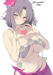 bikini blush bow breasts chimunge cleavage closed_mouth commentary_request curvy flower grey_bikini grey_hair hair_bow hair_flower hair_ornament heart heart_hands large_breasts looking_at_viewer medium_hair mismatched_bikini navel parted_bangs purple_bikini purple_sarong sarong senran_kagura shell signature simple_background smile standing swimsuit twitter_username white_background white_bow yumi_(senran_kagura)