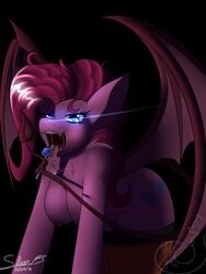 2014 animal_ears anthro bent_over black_background blue_eyes breasts candy chest_tuft cutie_mark demon_tail demon_wings earth_pony equine eyelashes fangs female friendship_is_magic furry glowing glowing_eyes horse_ears licking lollipop long_hair looking_at_viewer my_little_pony nipples open_mouth pink_fur pink_hair pinkie_pie_(mlp) red_legwear saliva silverfox057 simple_background solo straight_hair succubus tail thighhighs tongue tongue_out wings